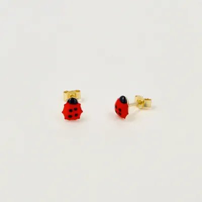 Yellow gold earrings with enameled ladybug