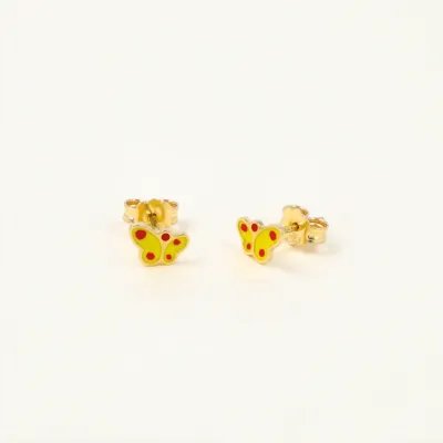 Yellow gold stud earrings with enameled butterfly