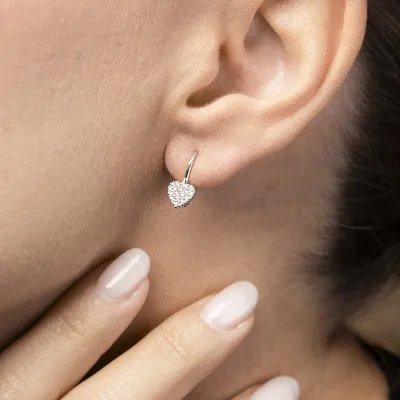 White gold heart-shaped earrings with cubic zirconia