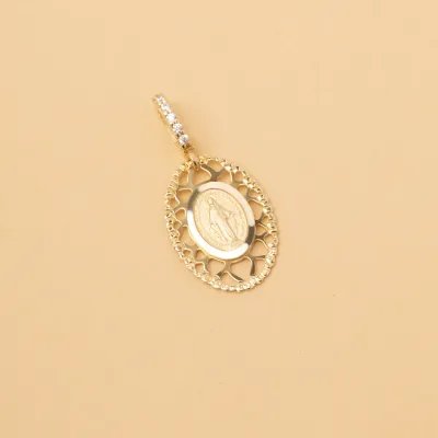 Yellow gold medal with Miraculous Madonna with cubic zirconia