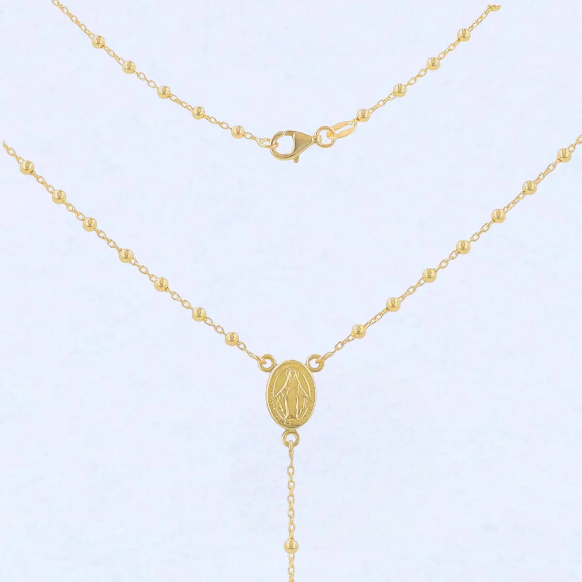 Yellow gold rosary necklace with Our Lady of Medjugorje and Christ