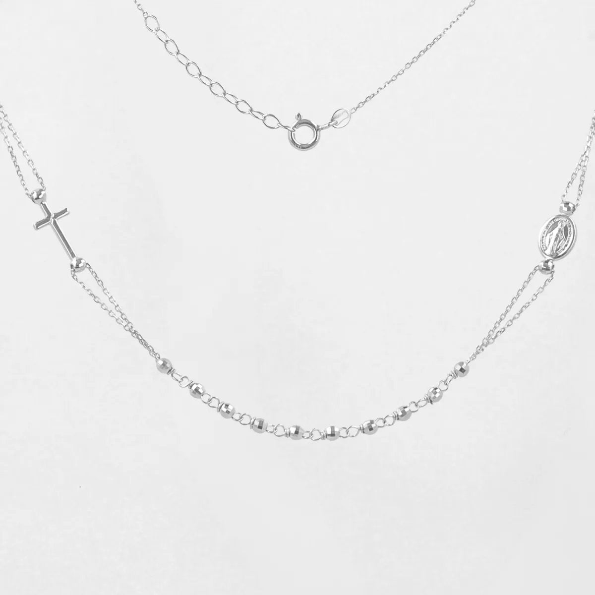 Lightweight white gold rosary necklace with Our Lady of Medjugorje and cross