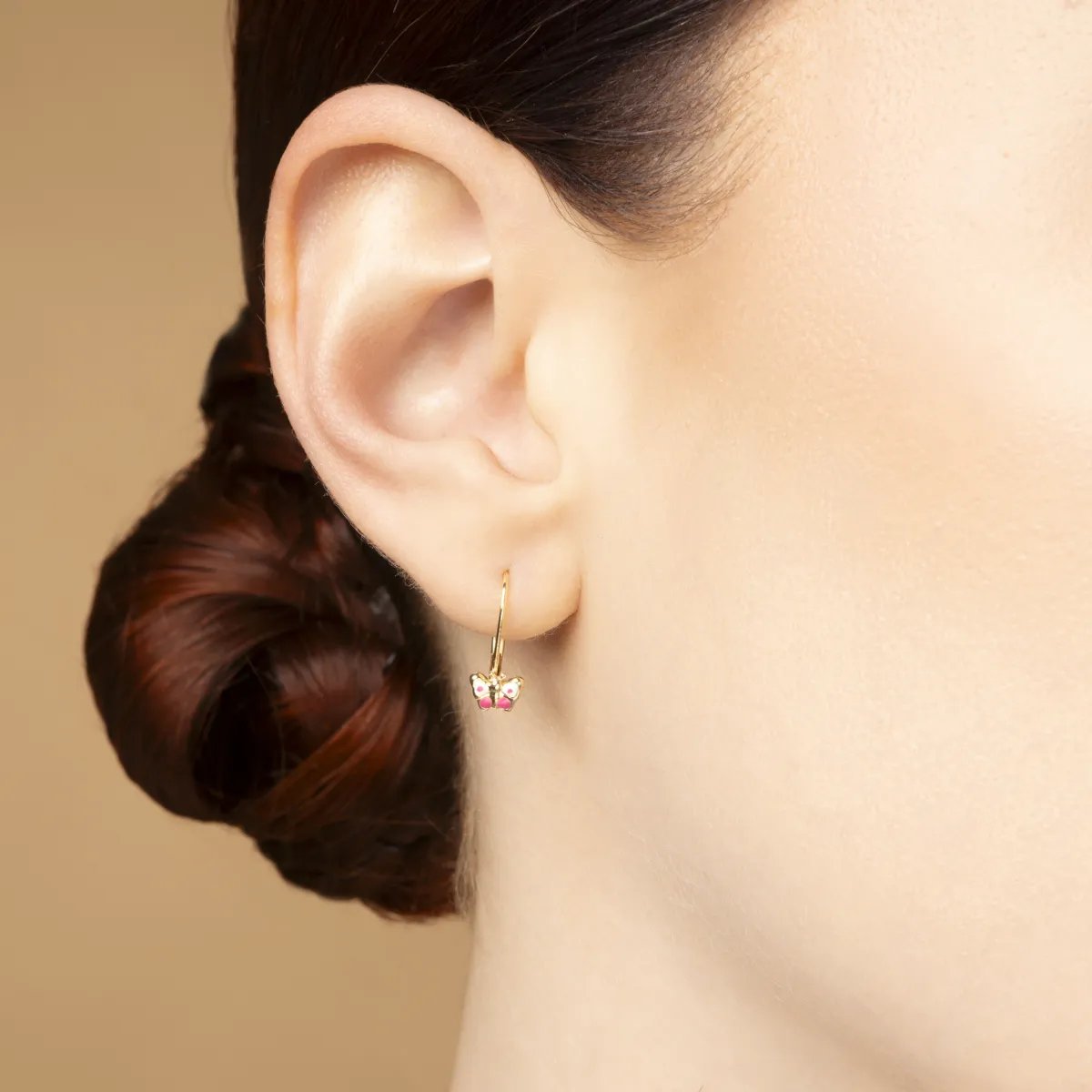 Yellow gold baby earrings with enameled butterflies