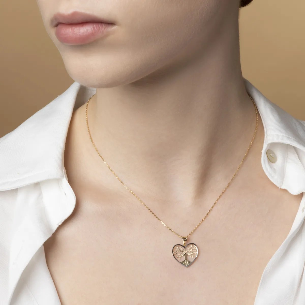 Yellow and white gold medium heart-shaped pendant "Tree of Life"