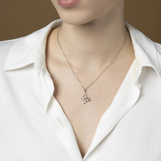 White gold butterfly-shaped pendant with cubic zirconia