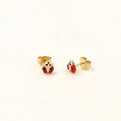 Yellow gold earrings with enameled ladybug