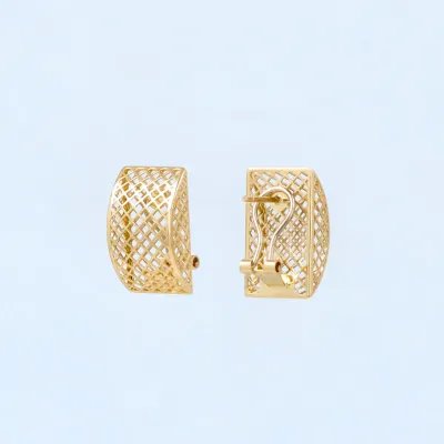 Domed semi-hoop earrings in yellow gold with mesh texture