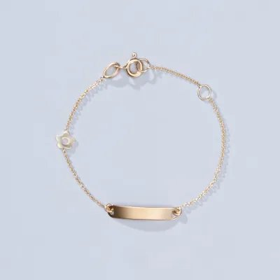 Yellow gold baby bracelet with flower and plate