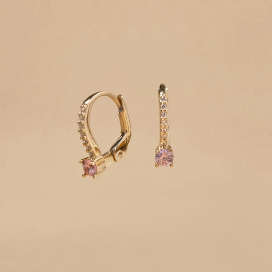 Yellow gold baby earrings with white and pink cubic zirconia
