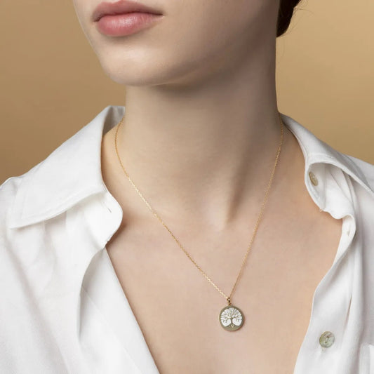 Yellow gold small round pendant "Tree of Life" with mother of pearl
