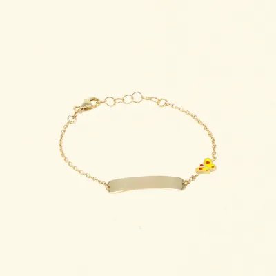 Yellow gold tag bracelet with enameled butterfly