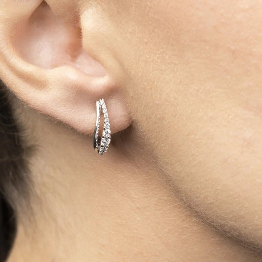 White gold lady earrings double line with cubic zirconia