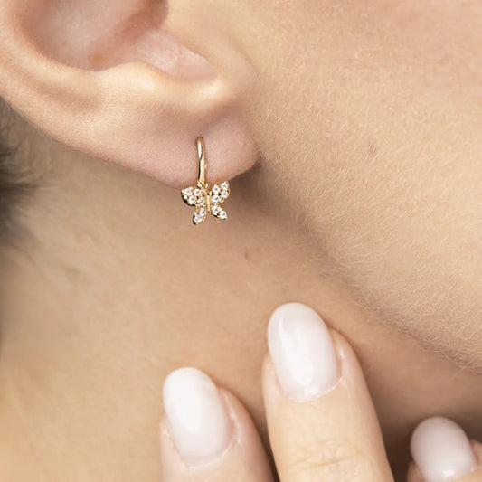 Yellow gold butterfly-shaped earrings with cubic zirconia