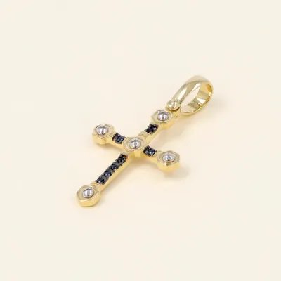 Men's yellow gold cross pendant with spinel