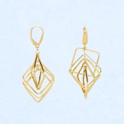 Yellow gold earrings with square multi-ring pendant