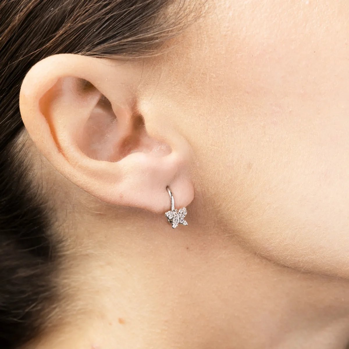 White gold butterfly-shaped earrings with cubic zirconia