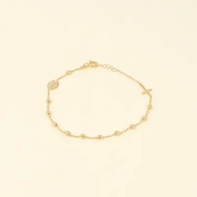 Lightweight yellow gold bracelet with Our Lady of Medjugorje and cross