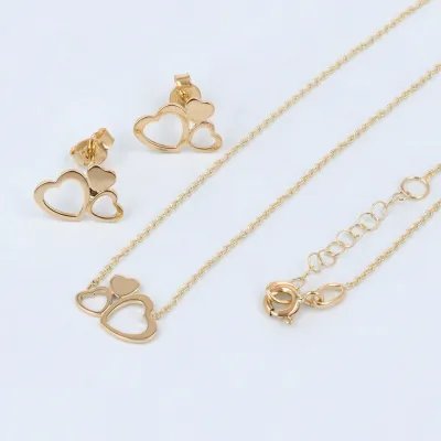 Lightweight yellow gold heart-shaped necklace and earrings set