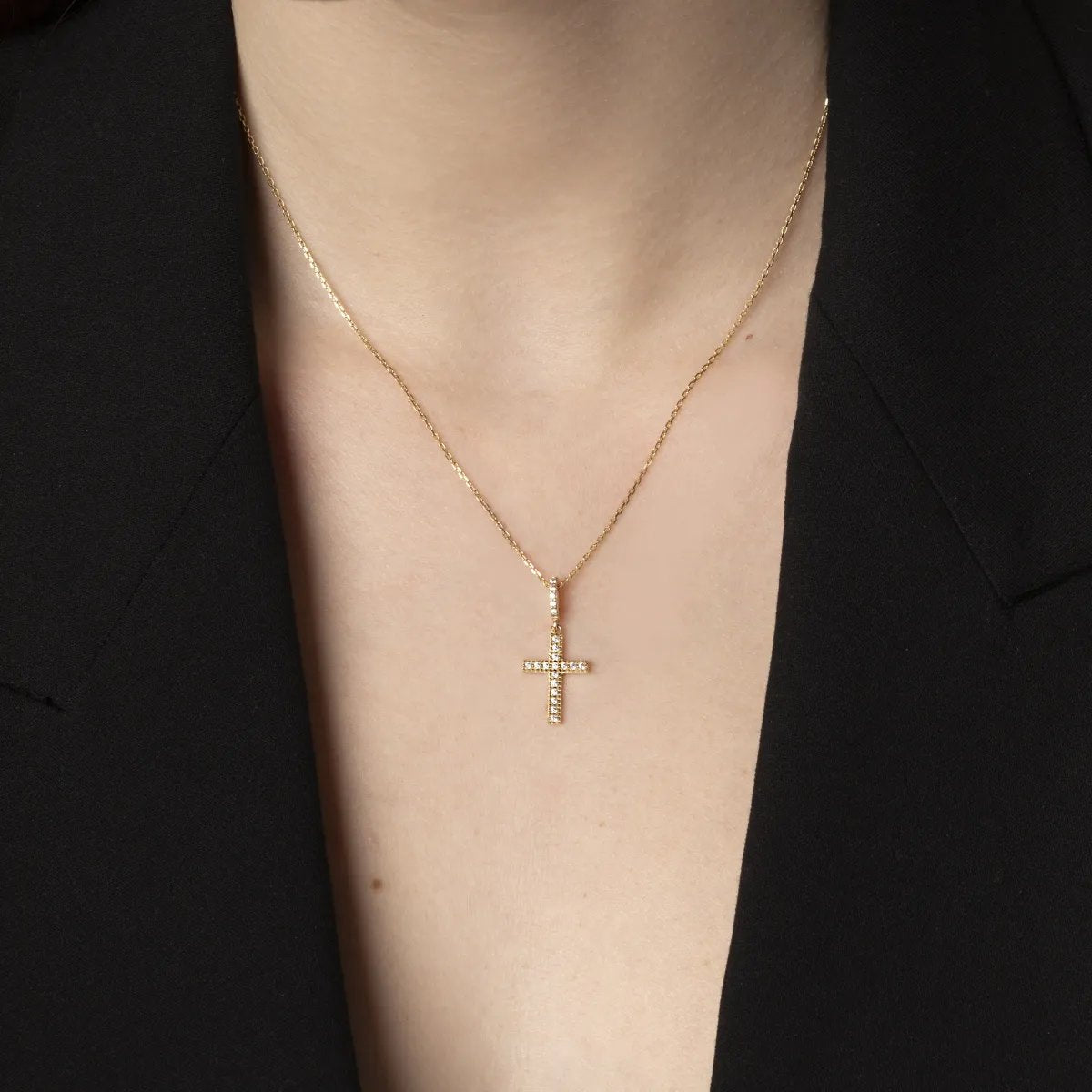 Yellow gold small cross with cubic zirconia