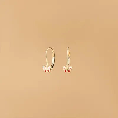 Yellow gold baby earrings  with red enameled butterfly