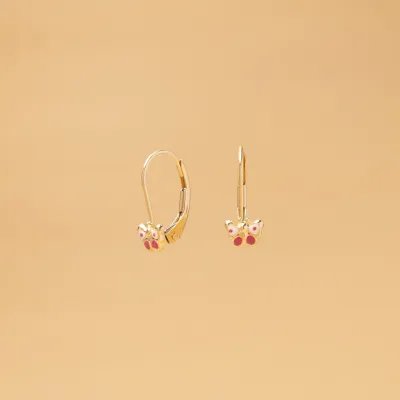 Yellow gold baby earrings with enameled butterflies