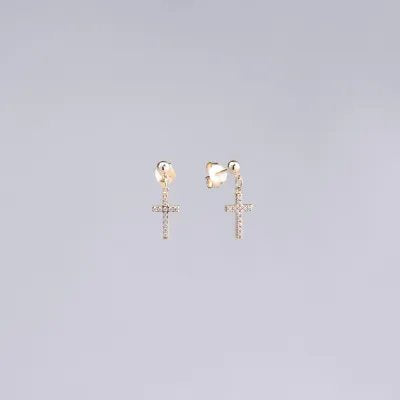 Yellow gold earrings with cross and zirconia