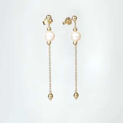 Yellow gold earrings with chain and pearls
