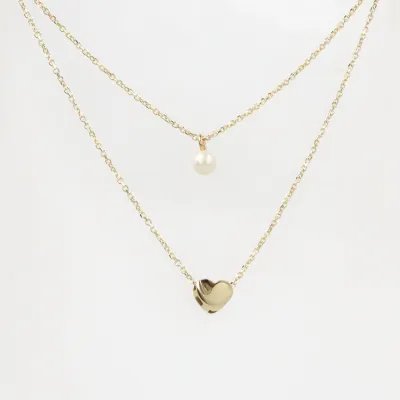 Multi-strand yellow gold necklace with heart pendant and pearl