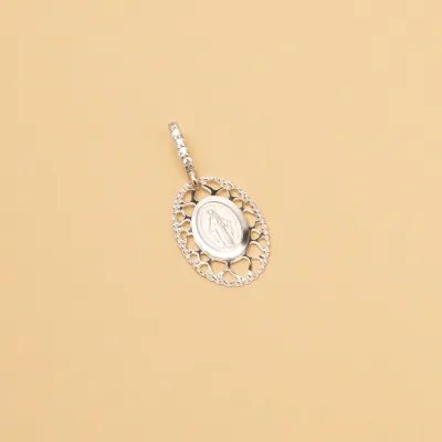 White gold medal with Miraculous Madonna with cubic zirconia