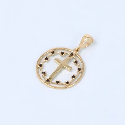 Yellow gold medal with cross and white or black zirconia