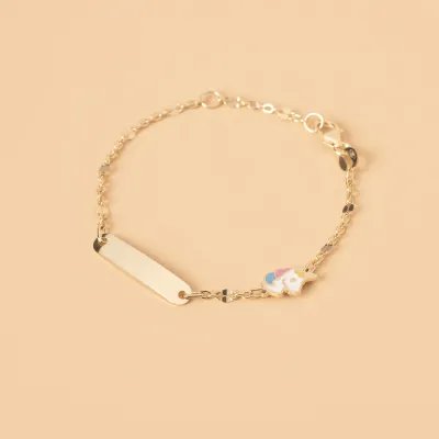 Yellow gold children's bracelet with enamelled unicorn