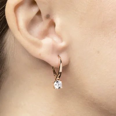 Red gold classic earrings with cubic zirconia (short leverback)