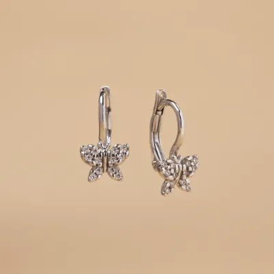 White gold butterfly-shaped earrings with cubic zirconia