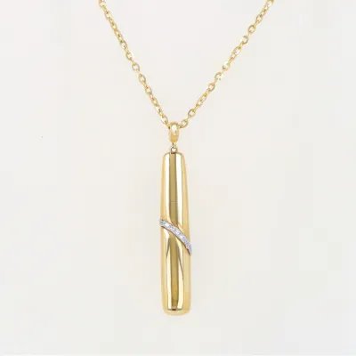 Yellow gold necklace with rectangular pendant with diagonal zirconia band