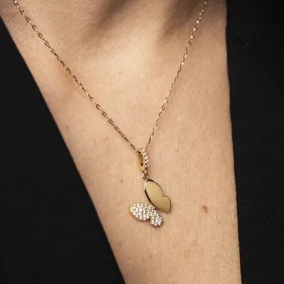Butterfly-shaped pendant in yellow gold with cubic zirconia