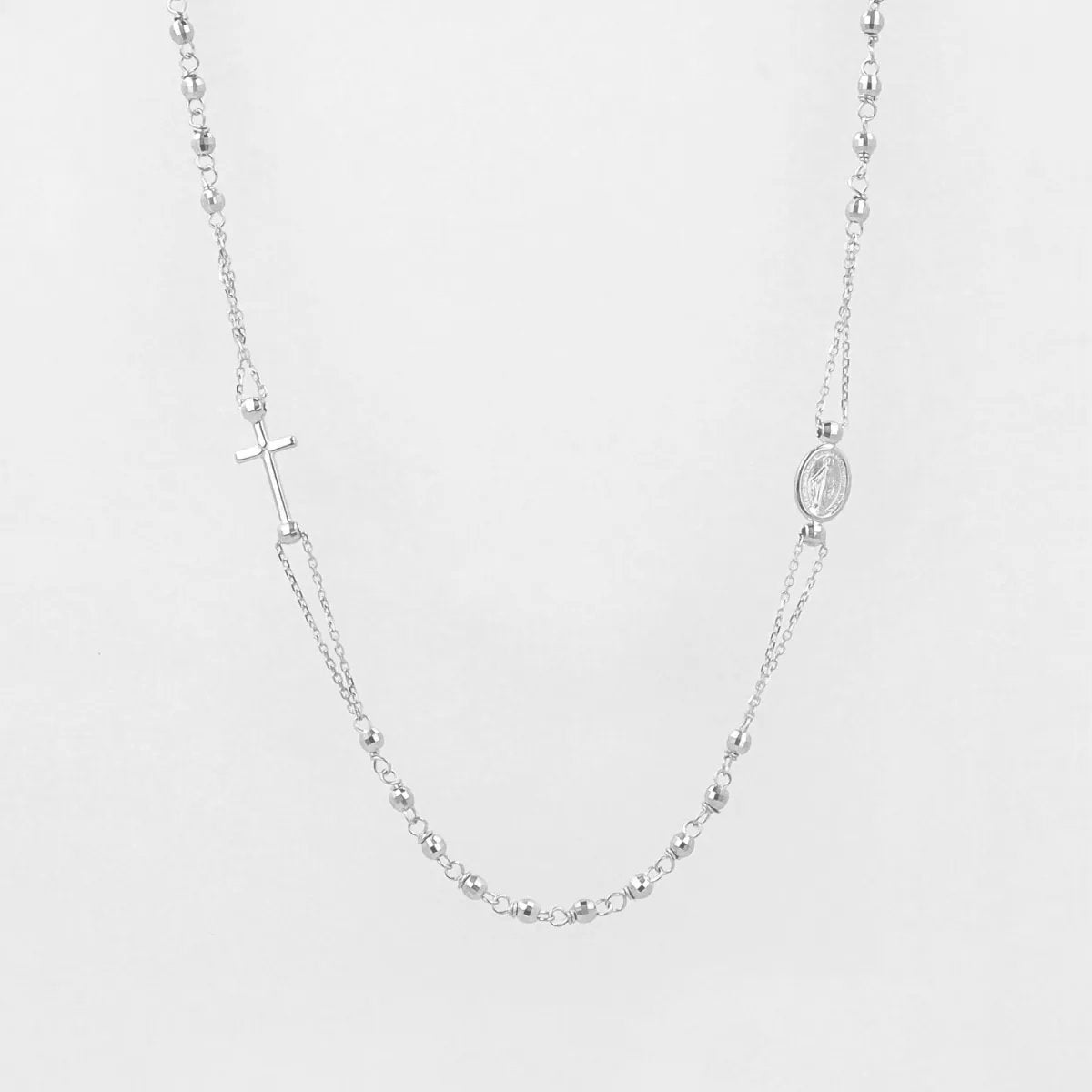 Lightweight white gold rosary necklace with Our Lady of Medjugorje and cross