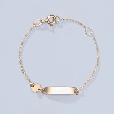 Yellow gold baby bracelet with four-leaf clover and plate