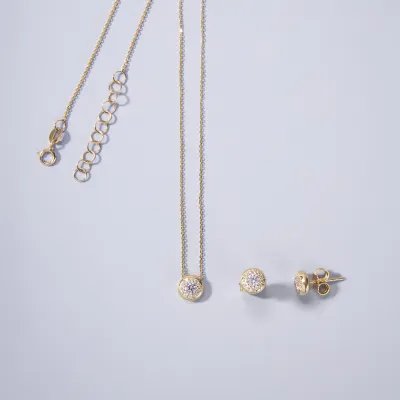 Yellow gold set (necklace + earrings) with cubic zirconia