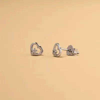 White gold small heart-shaped earrings with cubic zirconia