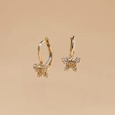 Yellow gold butterfly-shaped earrings with cubic zirconia