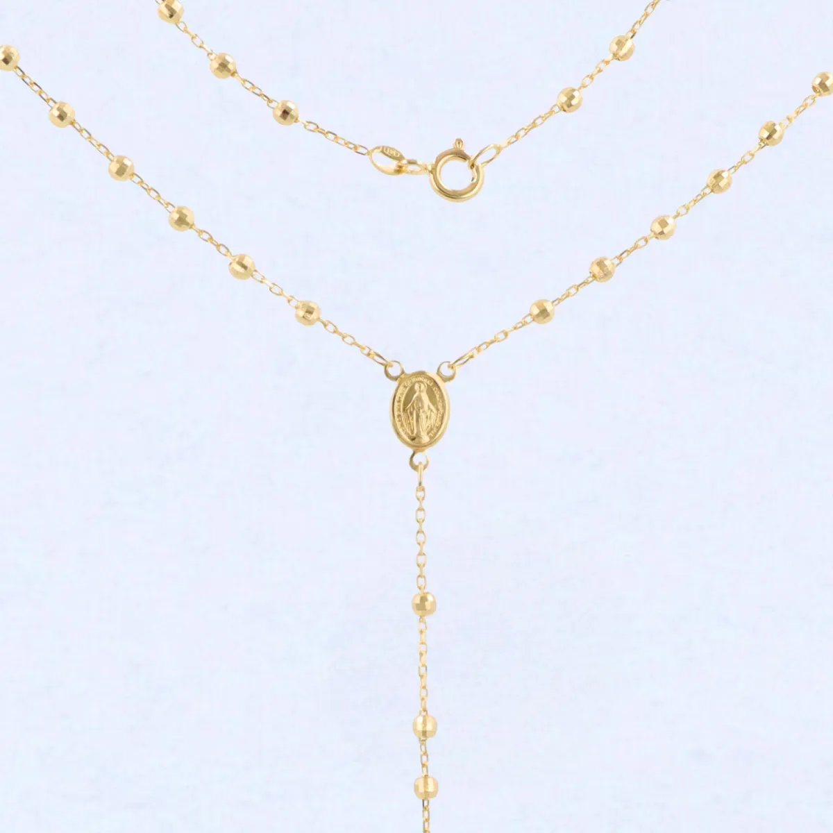 Lightweight yellow gold rosary necklace with Our Lady of Medjugorje
