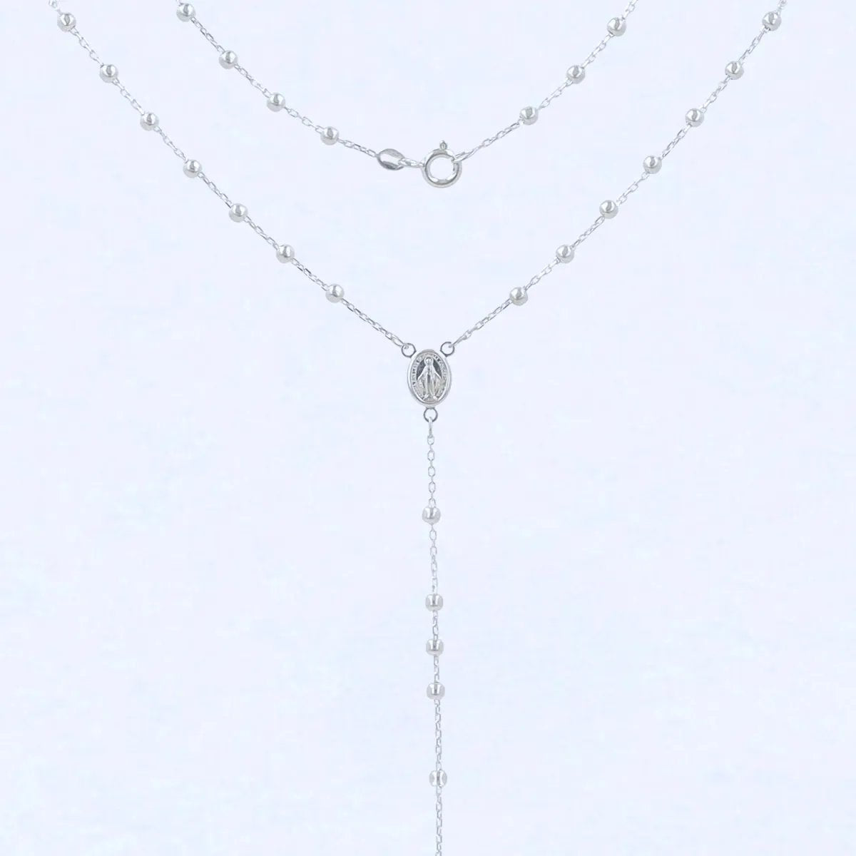 Lightweight white gold rosary necklace with Our Lady of Medjugorje