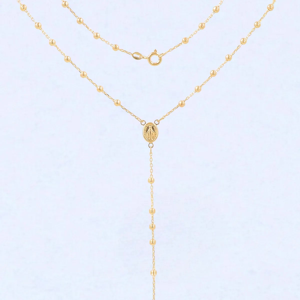 Lightweight yellow gold rosary necklace with Our Lady of Medjugorje