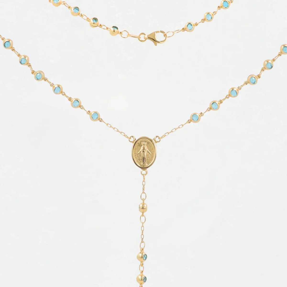 Yellow gold rosary necklace with Our Lady of Medjugorje and zirconia